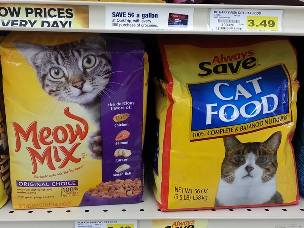 The cat in the generic brand looks disappointed