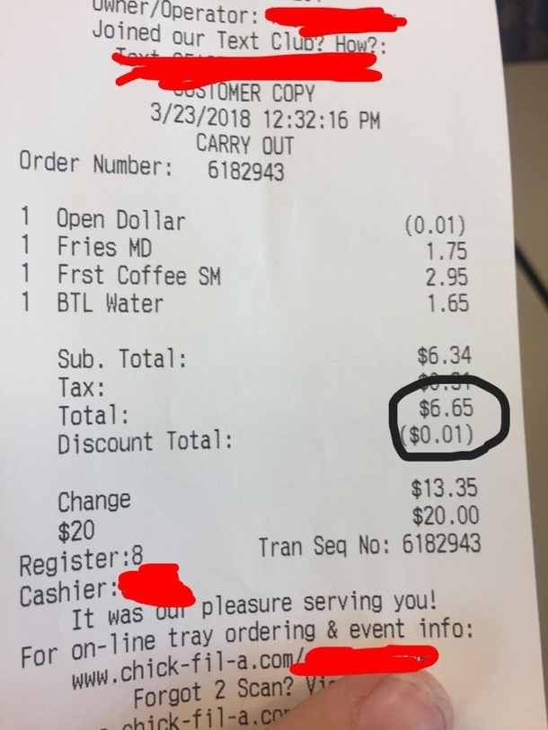 The chickfila cashier was so religious that they gave a  cent discount to keep the total from being 