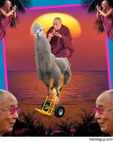 The Dalai Lama riding a llama on a dolly