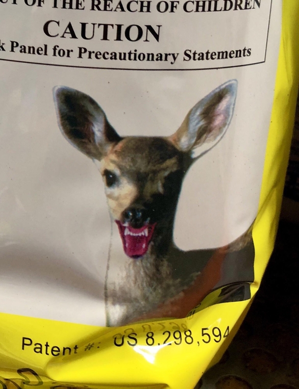 The deer on this bag of deer repellent looks like it belongs in a Monty Python movie