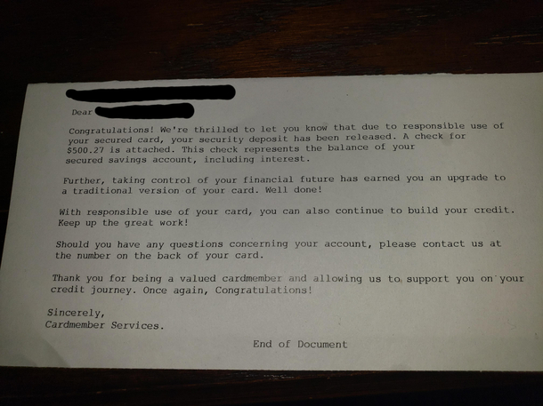 The  deposit I placed for my secured credit card  years ago was released PLUS interest