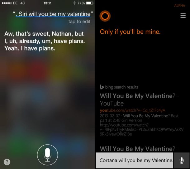 The Difference Between Cortana and Siri When It Comes To Valentines