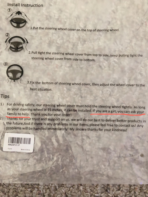 The directions for my new steering wheel cover