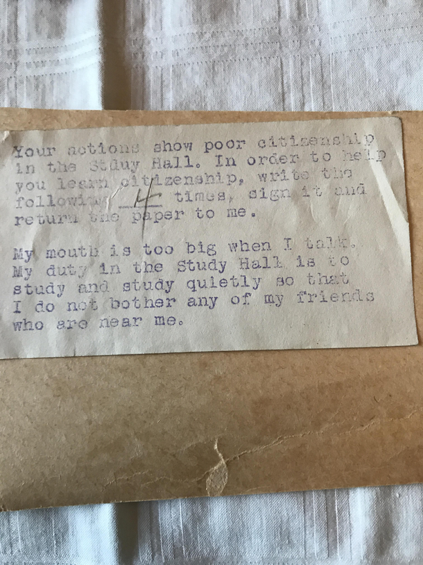 The discipline my grandmother got in Jr High study hall-