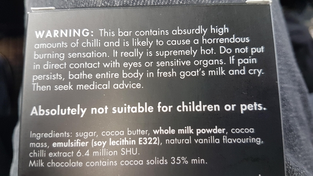 The end of the warning on this chilli chocolate