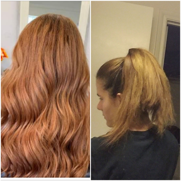 The first picture was taken by my hairstylist to showcase my new hair cut and color The second picture is the photo I took today when I realized what the curls and bright lights were trying to hide