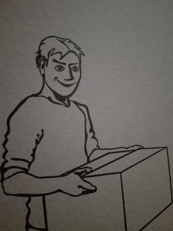 The guy on my cardboard box looks like hes up to no good