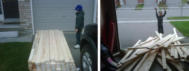 The lumber to finish the basement arrived and my son thought he would help by moving it from the driveway to the garage thanks bud