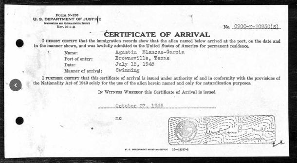The manner of arrival on my grandpas naturalization papers