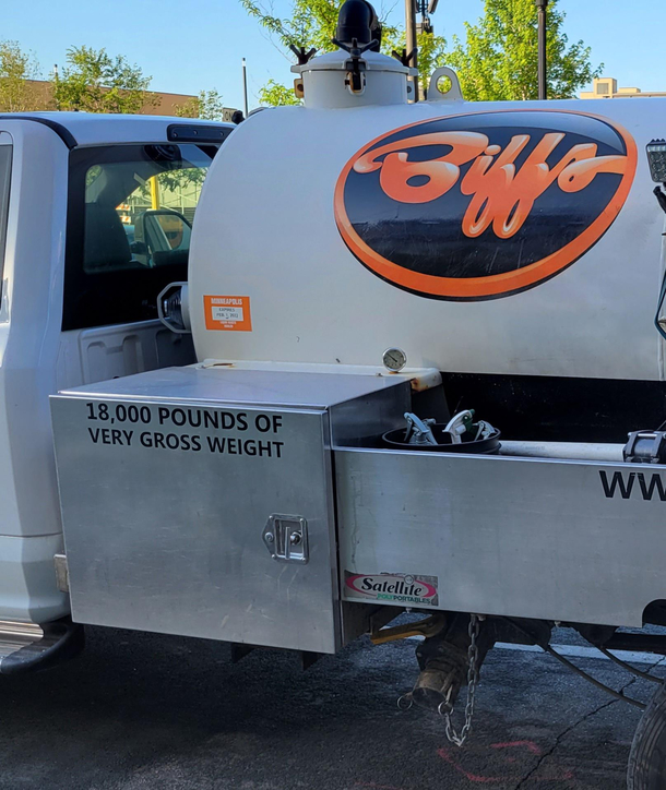 The message on this Biffs truck which services porta-potties Very gross weight