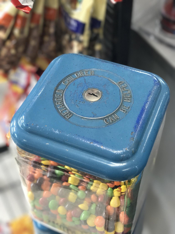 The message on this candy machine is a bit dated