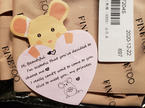 The note I got from a set of underwear I ordered online