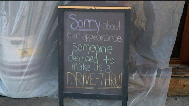 The owner of this restaurant that had a car drive through the front doors sure is taking it well