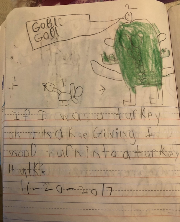 The school year is over so my st grader got to bring home his in-class journal This was his Thanksgiving entry