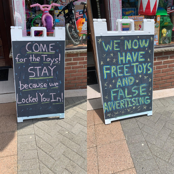 The signs outside this toy store