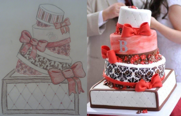 The sketch I gave our baker vs the actual cake My only regret was not getting a piece of each layer of different flavors