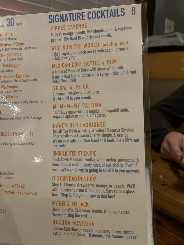The titles and descriptions of these cocktails at a local restaurant The Handy Old Fashioned one especially