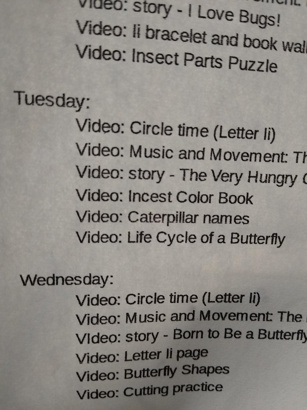 The typo in my sons preschool week sheet - insects