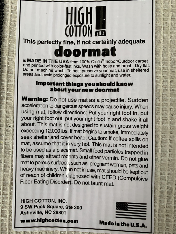 The warning label on my new doormat