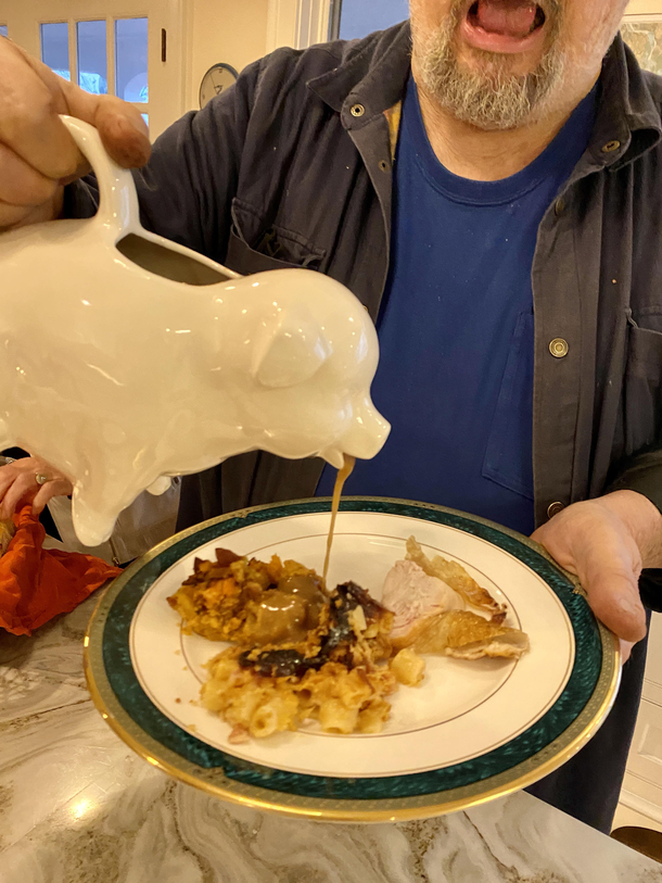 The worlds best gravy boat- the Puking Pig My dad likes to enhance the experience with sound effects whenever its used