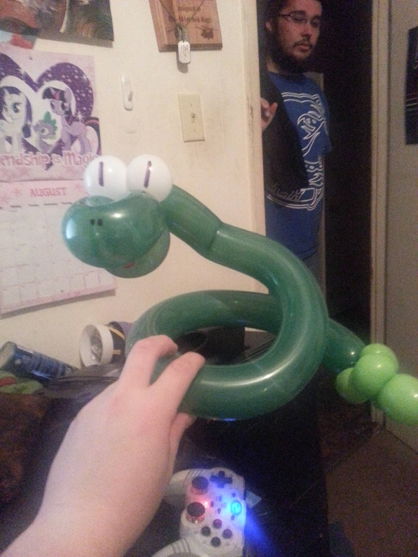 There was a balloon animal artist at the restaurant I work at for Family Night and I thought I was clever asking him if he could make a snake He showed me The tail rattles if you shake it