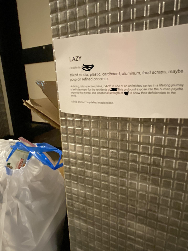 They leave their trash out in front of their front door for weeks at a time We share the hallway my place stinks because of their garbage I made their trash my treasure Like another Redditor I made modern art today