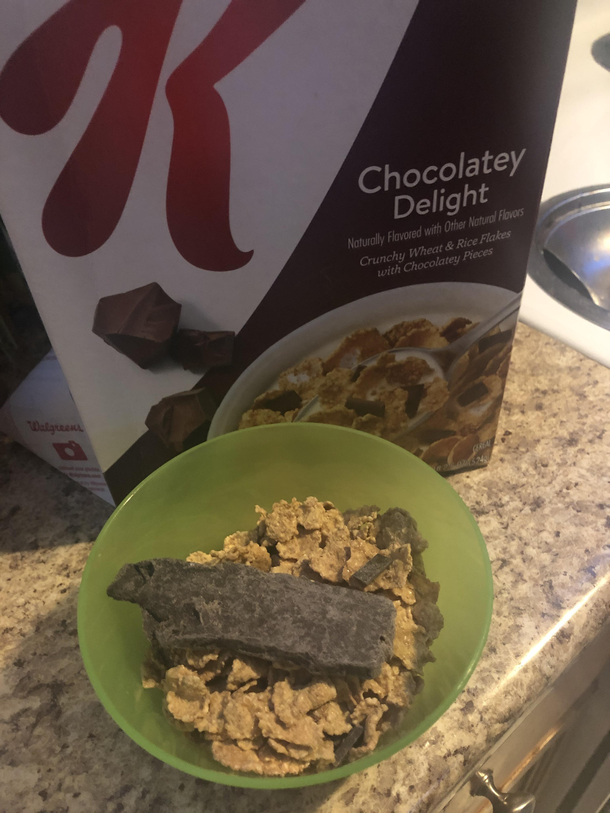 This absolutely massive piece of chocolate this guy poured out of this Special K box
