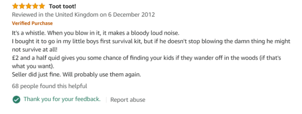 This Amazon review of a whistle