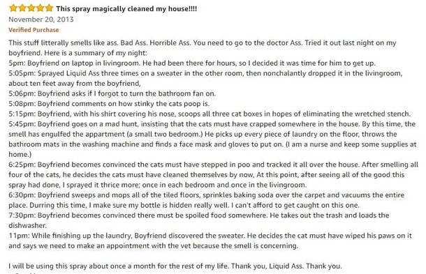 This Amazon review of Liquid Ass