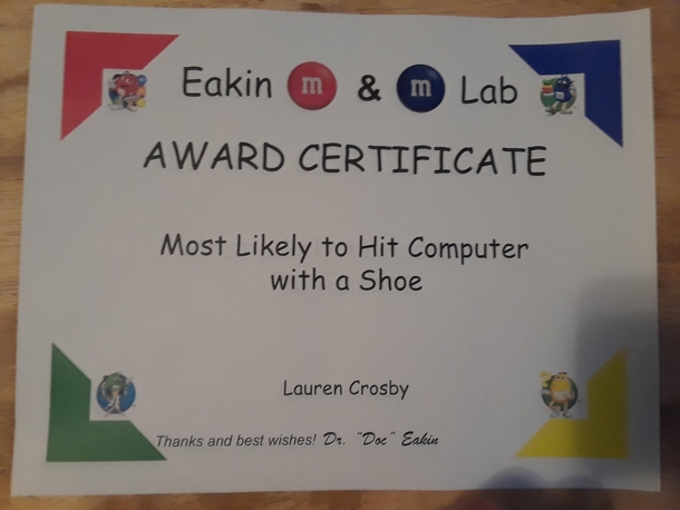 This award my daughter got working at chem lab