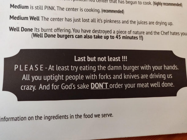 This burger joint I went to expressed their feelings towards people that eat burgers with knives and forks