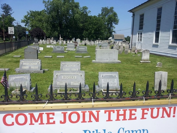 This church has some rather unfortunate ad placement for its Bible Camp