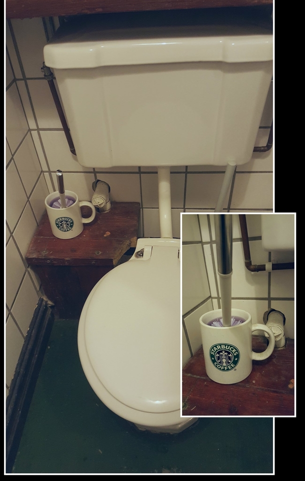 This coffee shop has a novel idea for a toilet brush holder