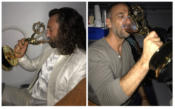 This guy walked on the plane with an Emmy he just won took a shot of whiskey from it and proceeded to pass it around for others to do the same Congrats to this legend