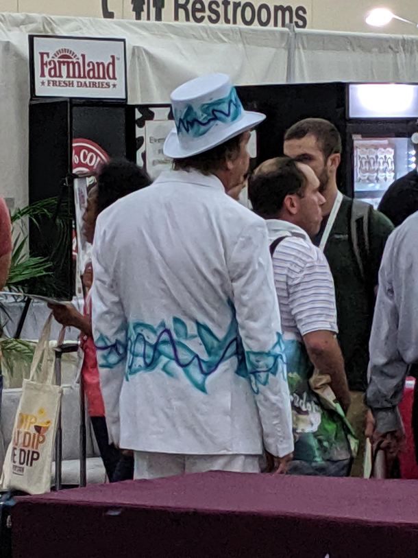 This guy was walking around at a food expo today in a s Dixie Cup themed tux with tophat