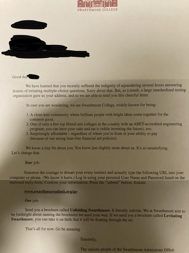 This hilarious letter I got from a college