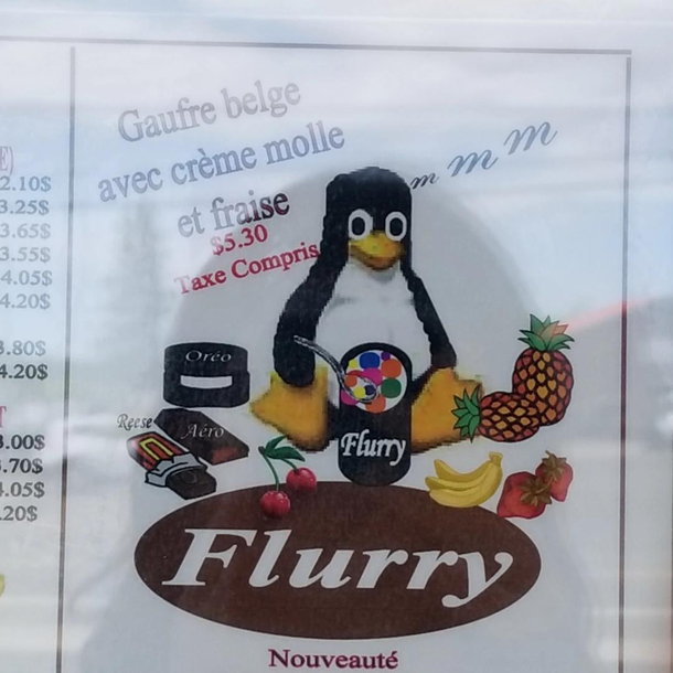 This ice cream counter in New Brunswick had the Linux penguin in its menu
