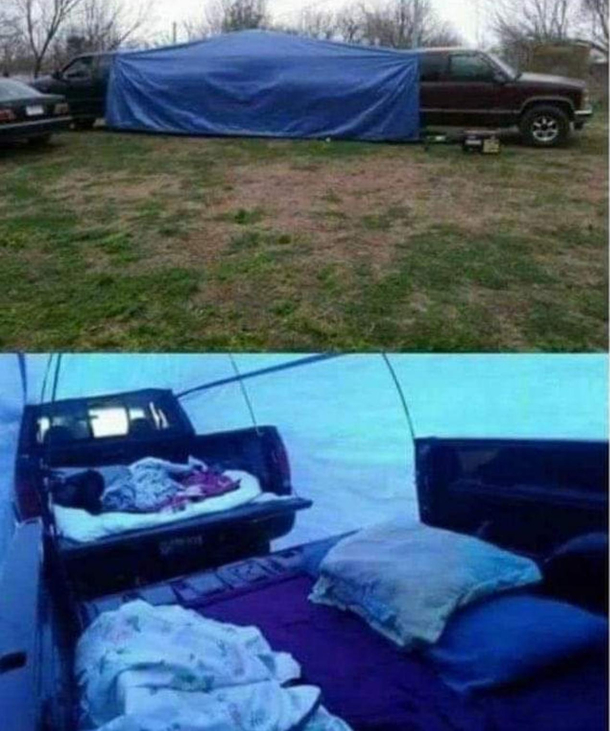 This is an awesome idea for camping and you can turn on the trucks to warm up