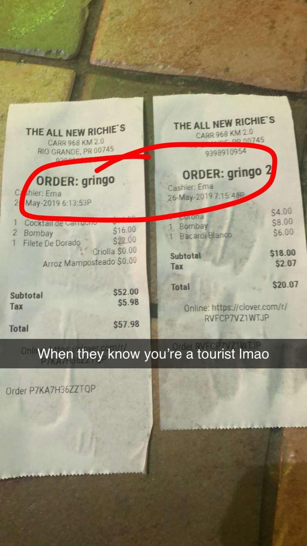 This is my buddy and my receipts from a restaurant in Puerto Rico I love this island