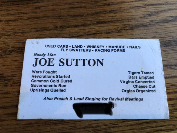 This is my late uncles business card he would give out