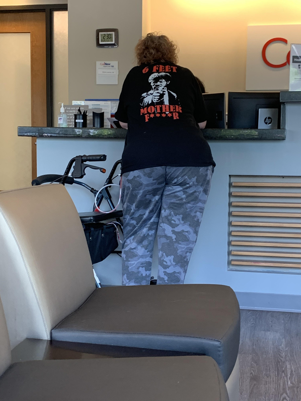This ladys shirt at the clinic waiting room Im sitting in