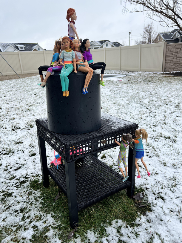 This latest Barbie scene by my daughter is brought to you by her recent playing of a game called Fall on Roblox that must be based on the movie