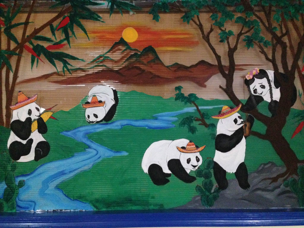 This Mexican restaurant used to be a Chinese restaurant I love how they just painted sombreros onto the pandas