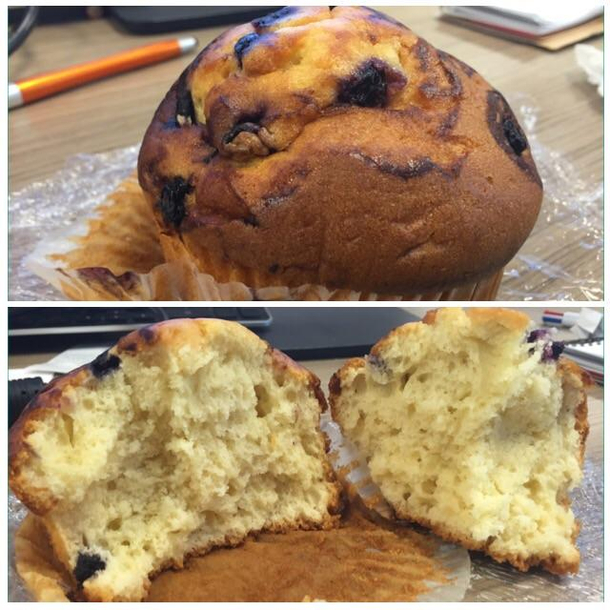 This muffin I bought at work appears to have lots of blueberries but inside it has zero