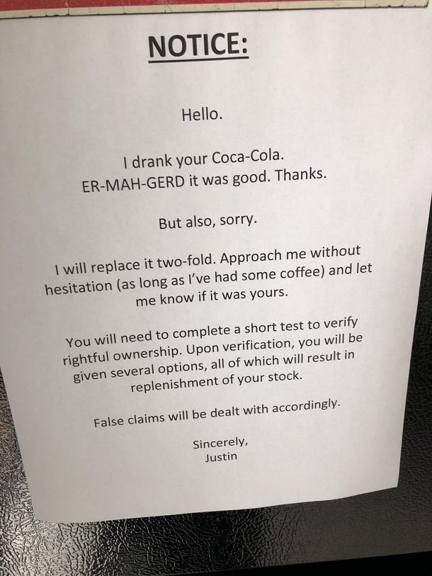 This note on the fridge at work