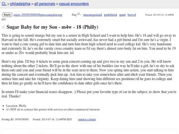 This parent is really going above and beyond Craigslist ad for son