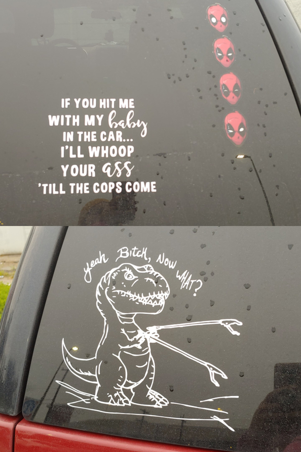 This persons car stickers are great