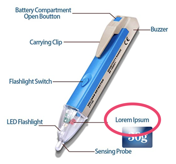 This promo picture of an item for sale has dummy text accidentally left in it