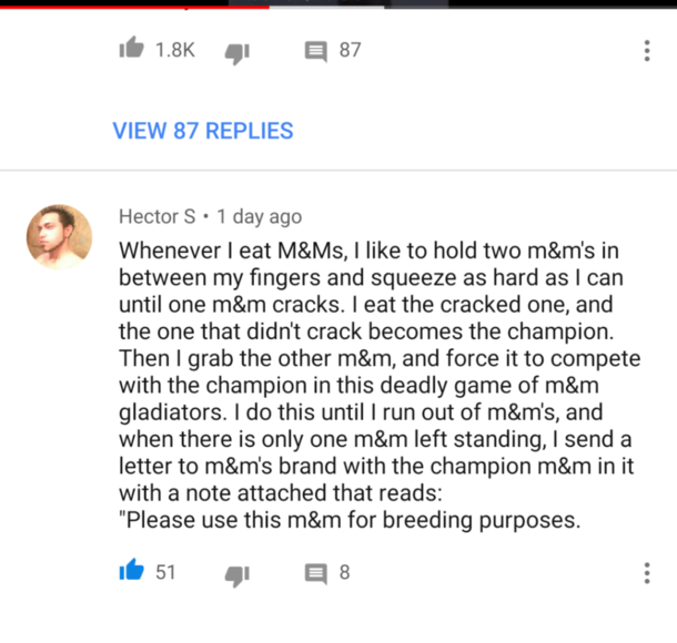 This random Youtube comment should be the plot for an Official MampM movie
