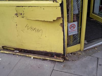This remains one of my favorite bits of graffiti For those not familiar with it - this was written mere hours after George Michael crashed his car into this shop front